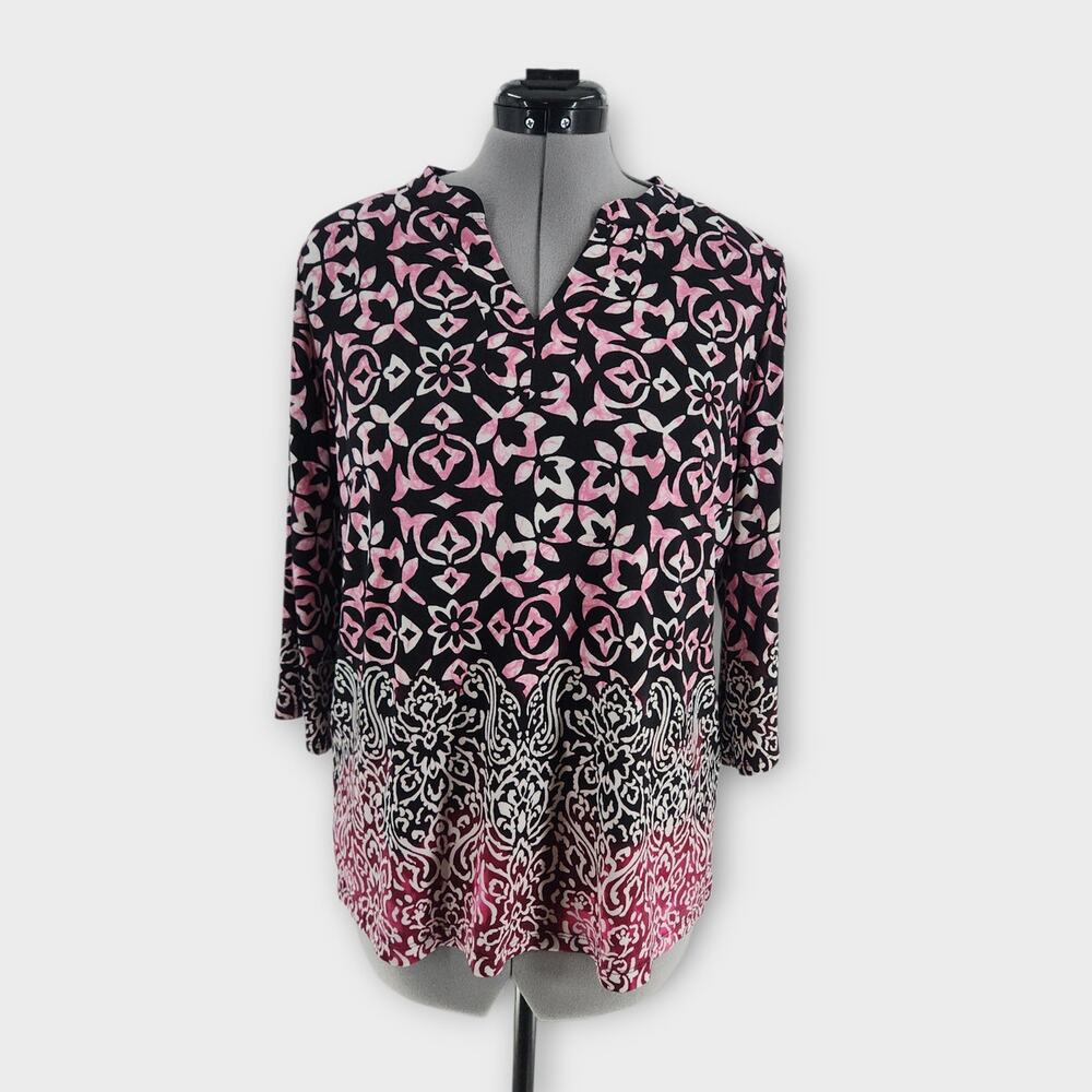 Susan Graver Blouse Women's LP 3/4 Sleeve V-Neck Stretch Floral Design Slinky - Picture 1 of 7